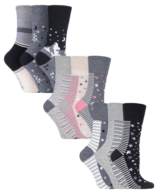 9 Paar Multipack Ladies Cotton Crew Non Elastic Socks | Gentle Grip | Womens Soft Top Striped Patterned Non Binding Socks - Grey Mix - Image 1
