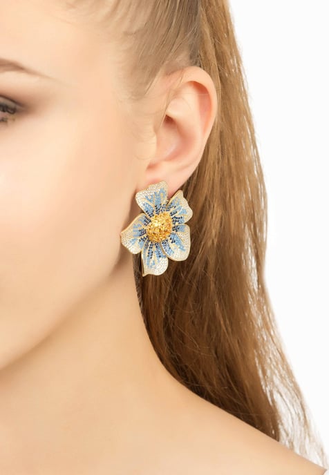 Boucles d'Oreilles Pensée Florale Plaqué Or Jaune Grandes Pierres Précieuses CZ Bleues et Blanches - Image 2