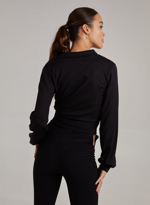 Ribbed Ruched Long Sleeve Collard T-Shirt