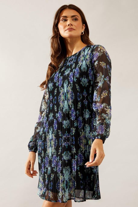 Multi Floral Pleated Shift Dress
