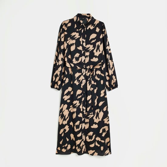 River Island Womens Midi Shirt Dress Black Satin Animal Print