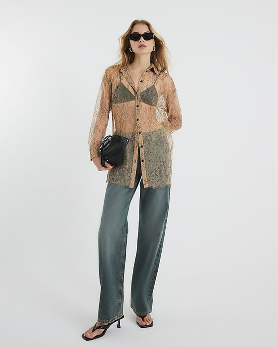 River Island Womens Shirt Beige Long Sleeved Sheer Lace