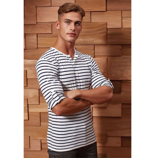 Premier Mens Long John Roll Sleeve Tee (Weiß/Marine) - Image 4