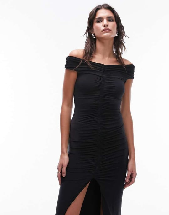 Topshop jersey ruched front midi dress in black