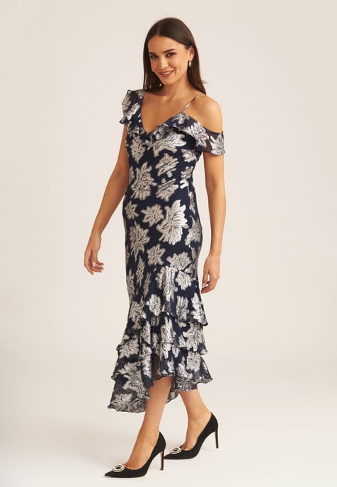 Floral Clipped Tiered Ruffle Midi Dress