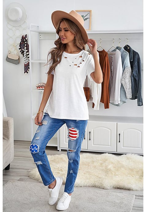 Damen-T-Shirt aus Baumwollmischung mit Rundhalsausschnitt in Weiß - Image 6