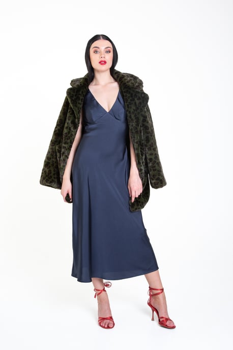 Navy Satin Midi Slip Dress