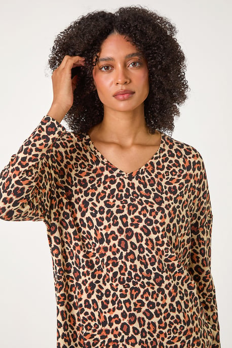 Animal Print V-Neck Tunic Stretch Top