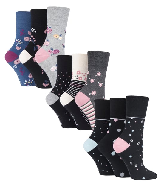 9 Paar Multipack Ladies Cotton Crew Non Elastic Socks | Gentle Grip | Womens Soft Top Striped Patterned Non Binding Socks - Floral Spot - Image 1