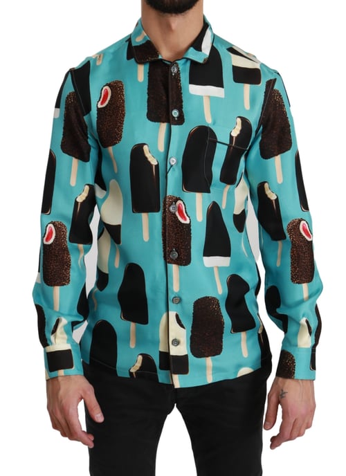 Dolce & Gabbana Blau Seide Eiscreme Druck Legere Herrenhemd - Image 1