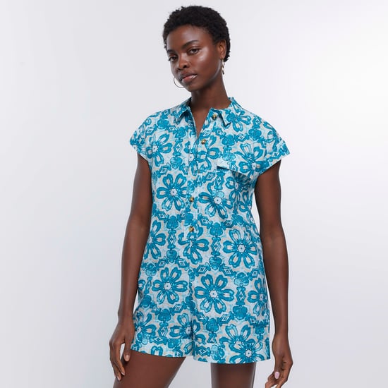 River Island Womens Playsuit Blue Aztec Short Sleeve