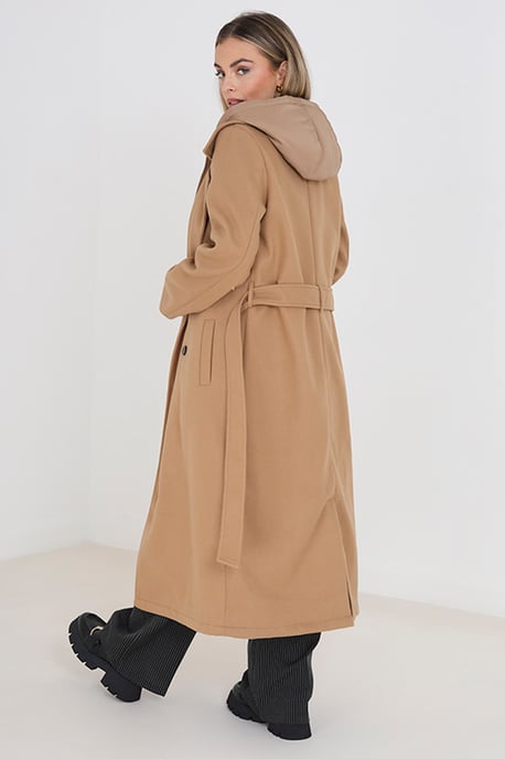 Camel 'Filippa' Faux Wool Maxi Hooded Trench Coat