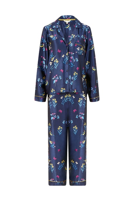 Pyjama bleu marine en satin à imprimé oiseaux Yumi - Image 4