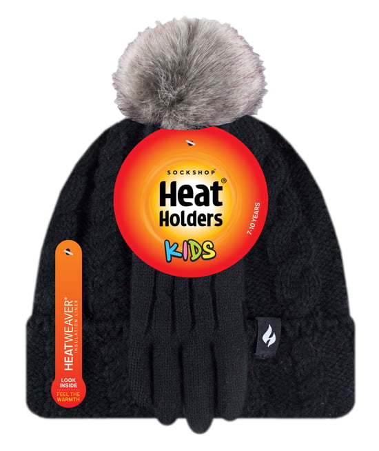 Wärmehalter - Girls Bobble Pom Pom Hat and Gloves Set | Turn Over Cuff Hat & Cable Knit Gloves Style - Schwarz - Image 2