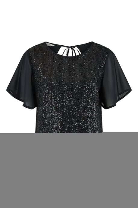Black Sequin Top With Sheer Sleeves And Cut Out Back
