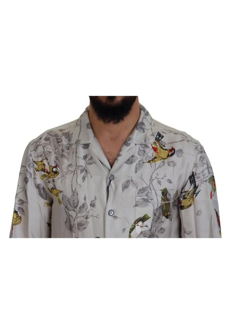 Dolce & Gabbana Herren Hemd aus weißem Seiden-Satin mit Vogelprint - Image 4