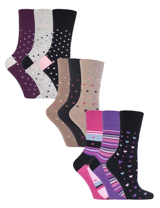 9 Paar Multipack Ladies Cotton Crew Non Elastic Socks | Gentle Grip | Womens Soft Top Striped Patterned Non Binding Socks - Heart Mix - Image 1