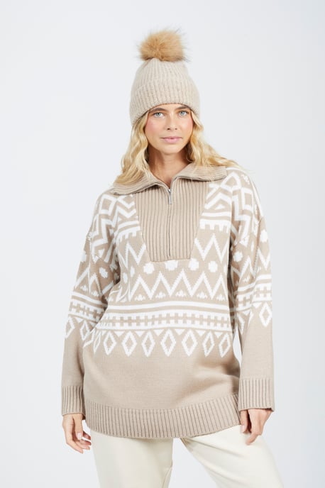 Stone Oversized Zip Neck Knitted Pattern Jumper