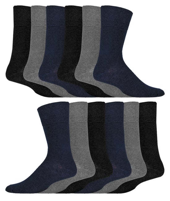 12 Paar Multipack Gentle Grip Top Diabetiker Socken | IOMI | Mid Calf Loose Top Non Elastic Cotton Socken mit Handlinked Seamless Toe - Schwarz / Navy / Grau - Image 1