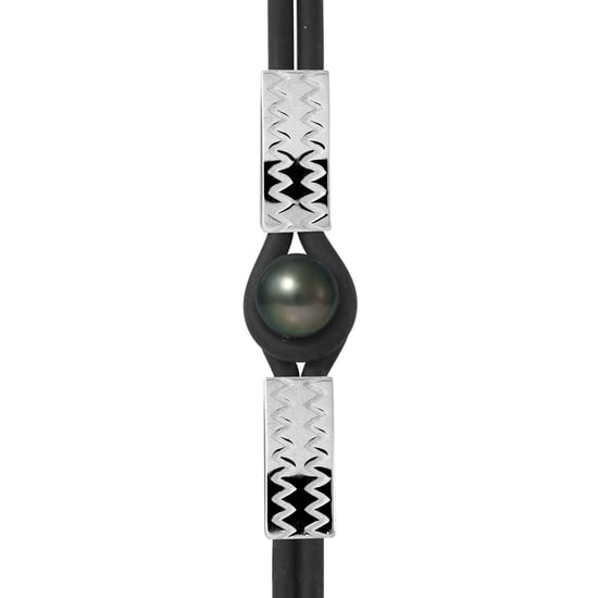 10 mm Black Tahitian Pearl, Black Neoprene Tribal Man-Woman Bracelet and 925 Sterling Silver