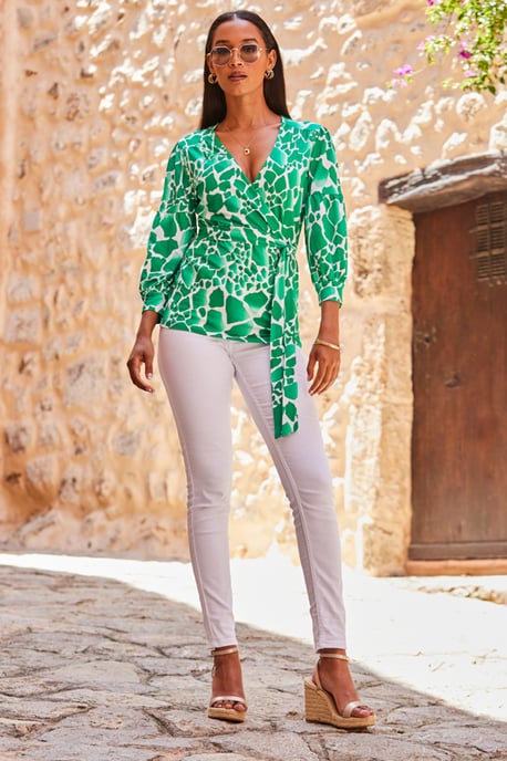 Green & White Morocco Print Wrap Jersey Top