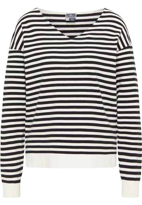 Dreimaster Strickpullover Damen Wollweiss Schwarz - Image 1