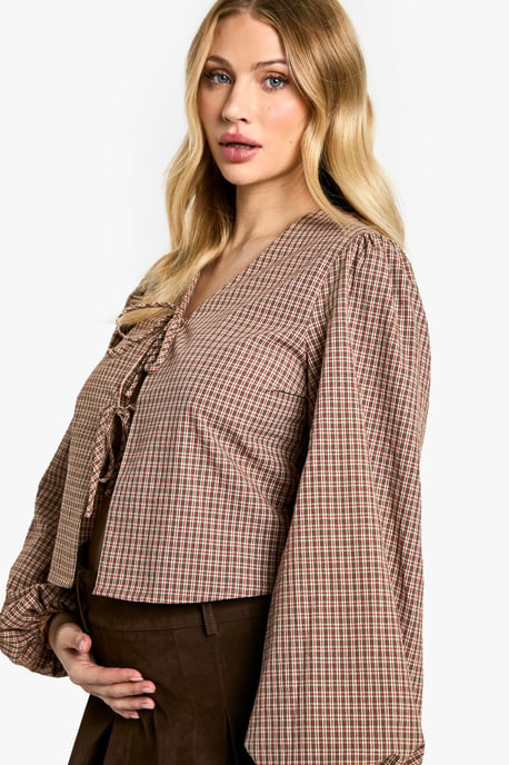 Maternity Woven Check Balloon Sleeve Tie Detail Top - Image 4