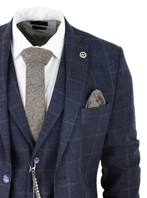 Herren 3-teiliges Wollanzug Navy Blau Tweed Karomuster Peaky Blinders 1920 Gatsby Formal - Image 4