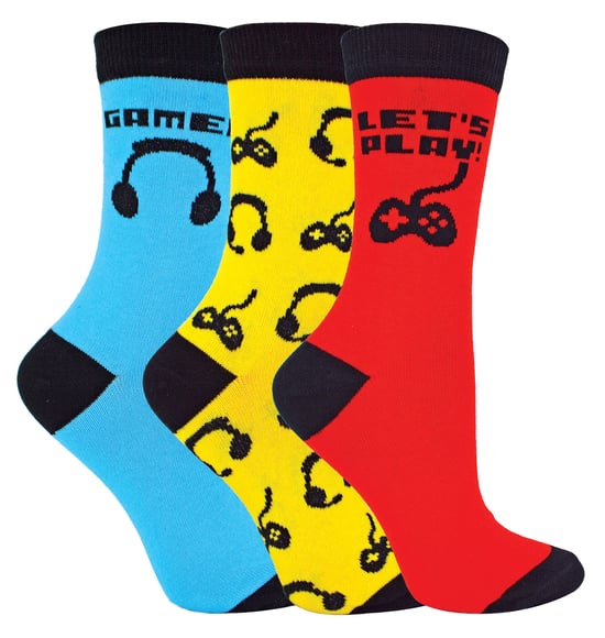 3 Pack Kinder Gaming Socken | Socken Snob | Fun Design Neuheit lustige Video Gaming Socken für Jungen & Mädchen - rot / blau / gelb - Image 1