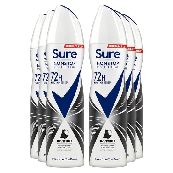Sure Women Anti-Perspirant 72H Protection Deo Invisible Black & White 150ml, 6pk
