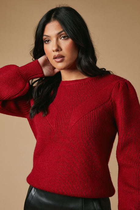 Rib Transfer Balloon Sleeve Jumper