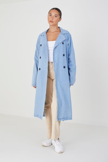 Denim Double-Breasted Longline Trench Coat With Raglan Sleeves
