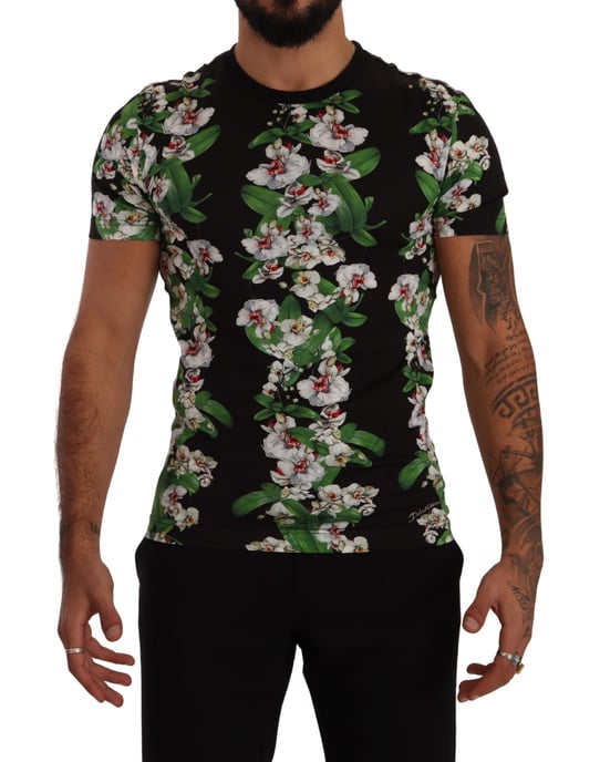 Dolce & Gabbana Black Floral Print Crewneck Men's T-shirt