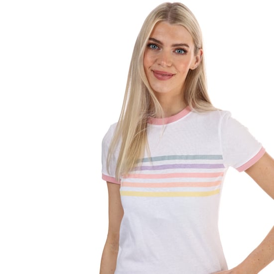 Women's Brave Soul Rainbow Ringer T-Shirt in White pink