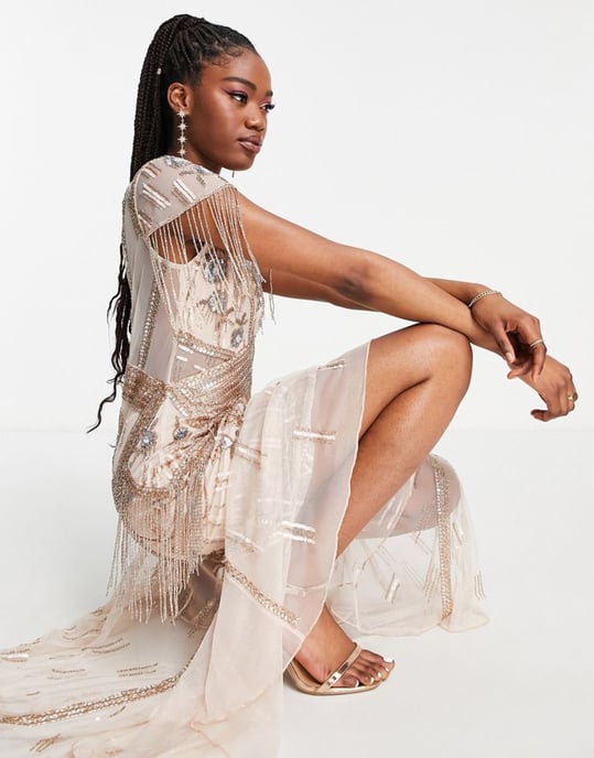 Miss Selfridge Premium plunge neck embellished maxi dress in blush-Pink