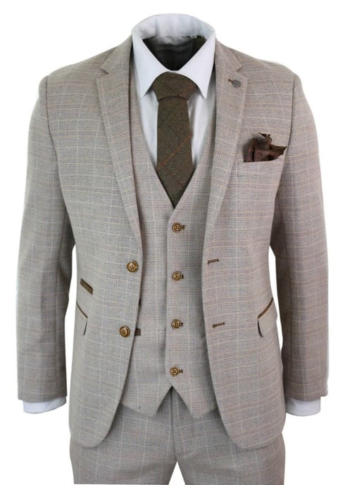Herren 3-teiliges beiges Tweed-Karomuster Vintage Retro Anzug - Image 1