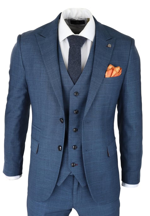 Herren 3-teiliges blaues Anzugset Prince Of Wales Karomuster klassischer leichter taillierter Schnitt modern - Image 1