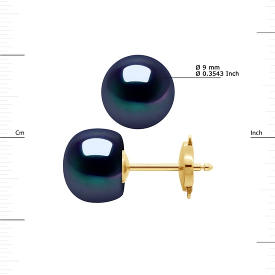 DIADEMA - Earrings - Yellow Gold and Real Freshwater Pearls - Black Tahitian Style