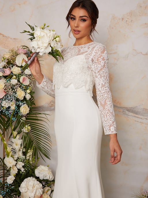 Lace Overlay Bodice Maxi Wedding Dress in White