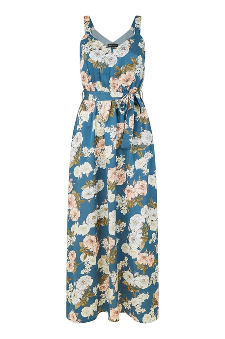 Blue Satin Floral Print Maxi Dress