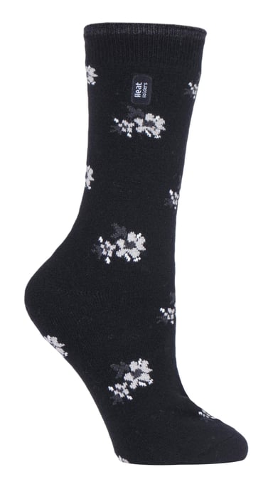 Heat Holders Damen Ultra Lite Thermo-Socken mit gebürstetem Innengarn, Schwarz, Blumenmuster (Bellis) - Image 1