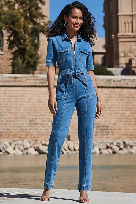 Mid Blue Denim Tie Waist Utility Jumpsuit