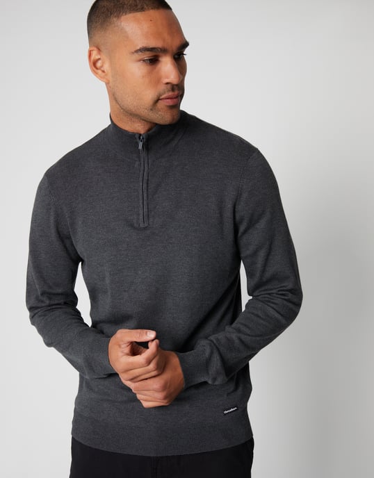 Charcoal 'Tucci' Funnel Neck Quarter Zip Knitted Jumper