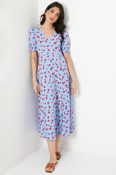 Rose V Neck Short Sleeve Midi Dress - Image 1