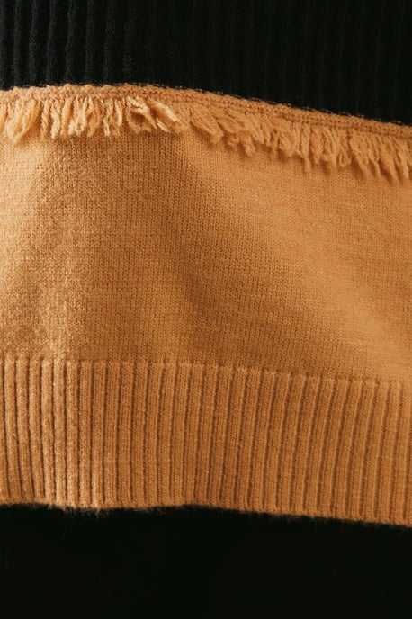 Colour Block Fringe Detail High Neck Jumper