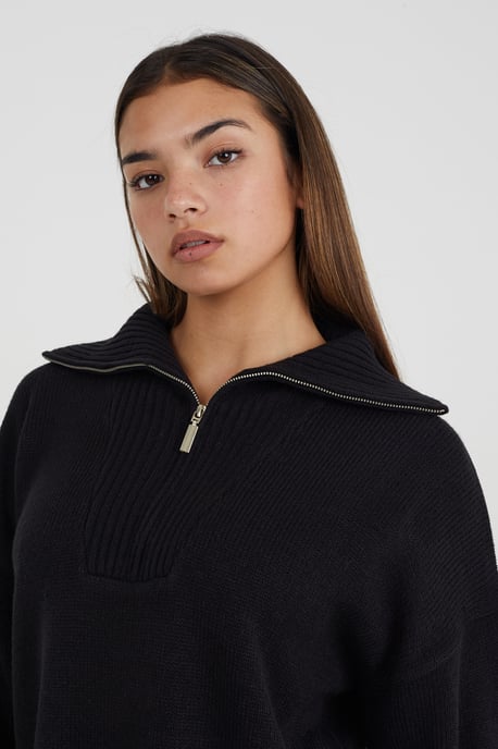 Black Oversized Zip Collar Knitted Jumper