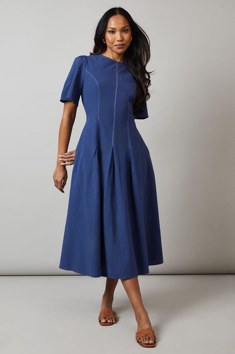 Royal Blue Seam Detail Inserted Pleat Detail Midi Dress - Image 1