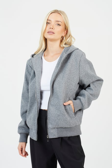 Grey Faux Wool Hooded Bomber Jacket