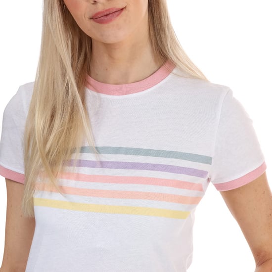 Women's Brave Soul Rainbow Ringer T-Shirt in White pink