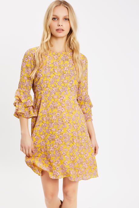 Floral Long Sleeve Printed Mini Dress in Yellow and Pink